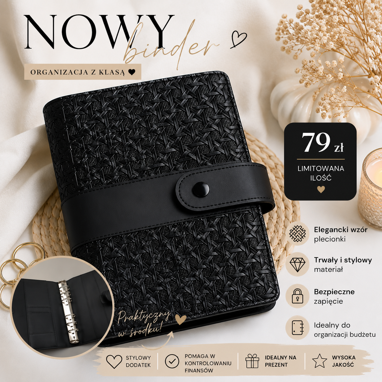 Binder A6 Pikowany - czarny